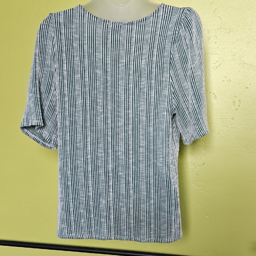 Women's Short Sleeve V-Neck Striped Tee - Green & White - Picture 3 of 5